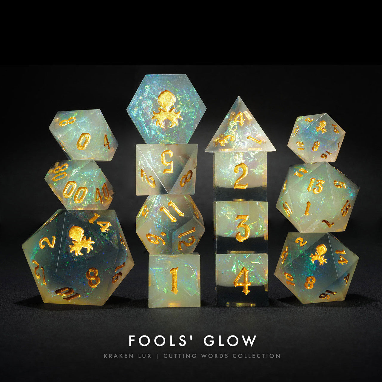 Fool's Glow: Kraken Lux Cutting Words 14pc Sharp Edge Dice Collection